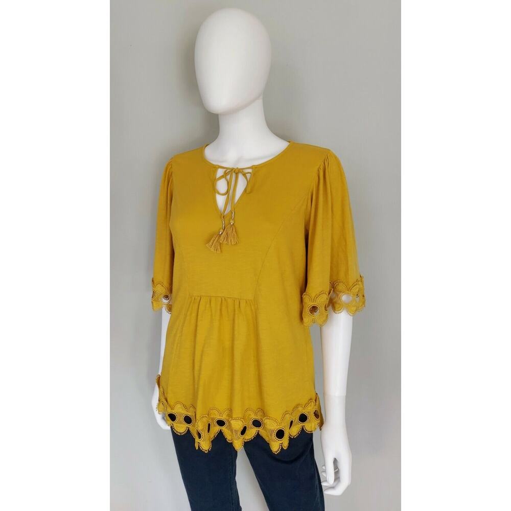 Boden Ayla Top Womens UK 12 US 8 Mustard Short Sleeve V Neck Crochet Tassels - Picture 8 of 11
